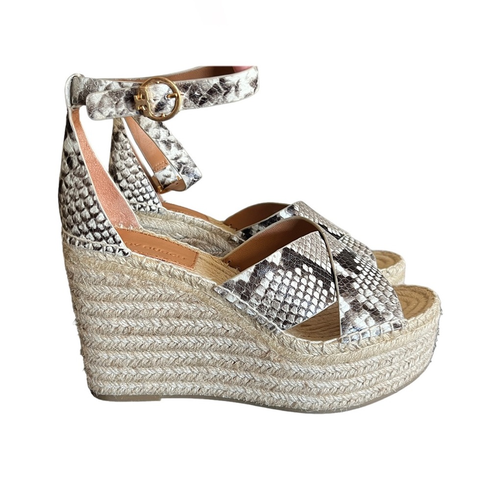 Tory Burch Selby Snake Printed Leather Wedge Platform Espadrille Sandals 7.5